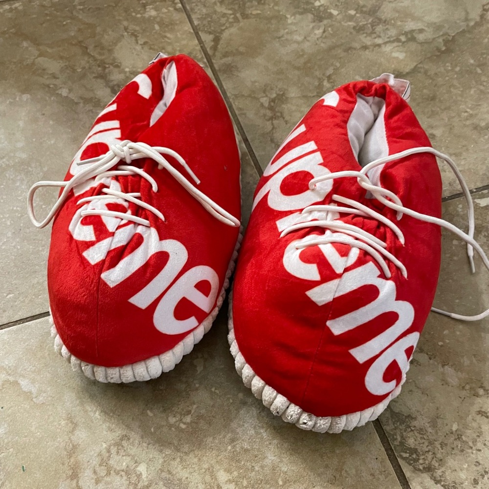 Supreme Plush Sneaker House Slippers Red White Big Logo One Size